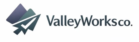 ValleyWorks Co. logo featuring a mountain and rocket icon with company name in dark text